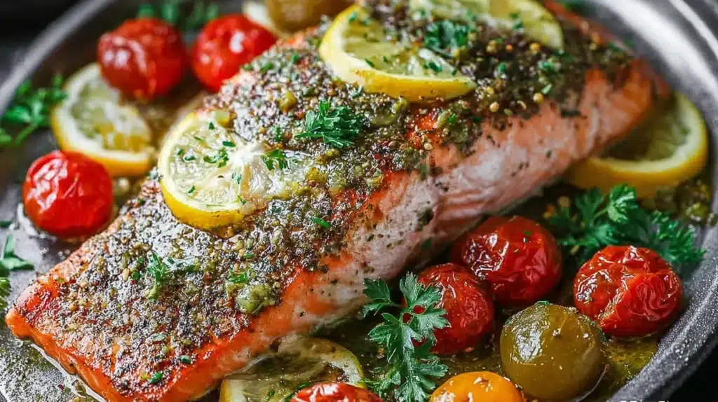 Roasted za’atar garlic salmon topped with herbs and served with lemon slices, cherry tomatoes, and parsley.
