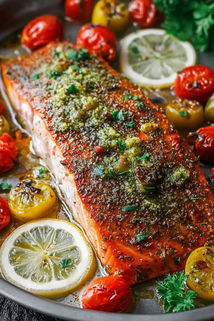 Tender baked salmon flavored with za’atar, garlic, lemon, and olive oil. This Mediterranean-style Za’atar Garlic Salmon is bright, savory, and incredibly easy to make.