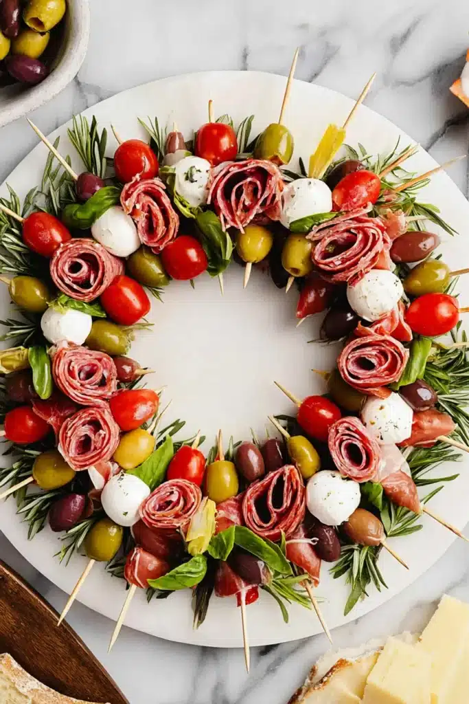 Christmas antipasto wreath made with meats, cheeses, olives, and vegetables on a round platter.