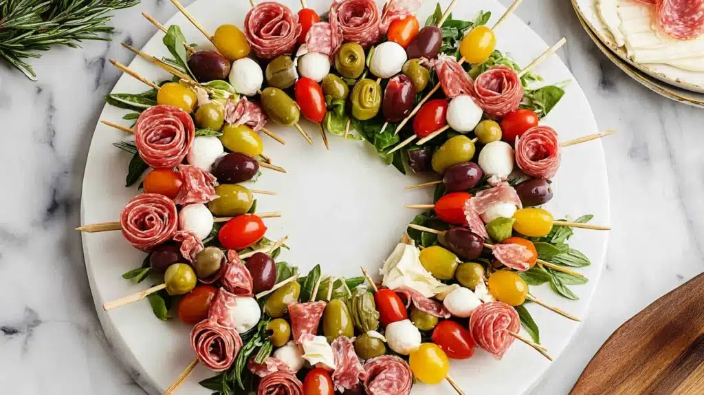 This Christmas Antipasto Wreath is a stunning holiday appetizer made with colorful meats, cheeses, and seasonal garnishes for a festive and delicious presentation.