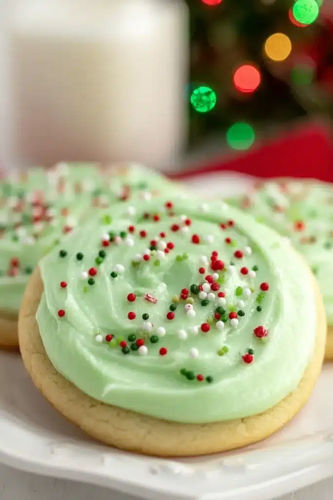 Copycat Crumbl Christmas Sugar Cookies: Soft, Frosted, and Perfectly Festive 6 Soft Christmas sugar cookie topped with pale green buttercream frosting and holiday sprinkles on a white plate.