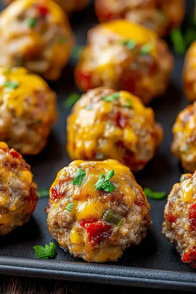 Juicy Rotel cream cheese sausage balls packed with sausage, cheese, and zesty Rotel tomatoes. A flavorful and easy appetizer perfect for parties and game day.