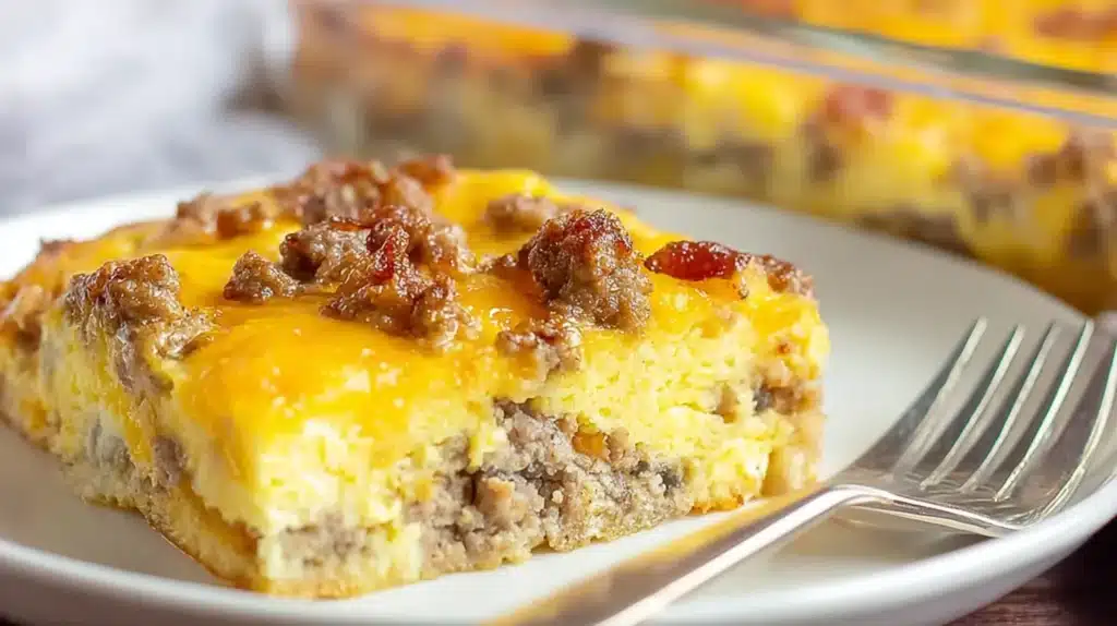 A slice of sausage breakfast casserole topped with melted cheddar and crumbled sausage on a white plate.