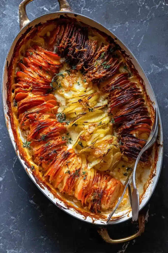 A beautifully baked cheesy root vegetable gratin featuring layers of tender potatoes, sweet potatoes, and beets with golden crispy edges.