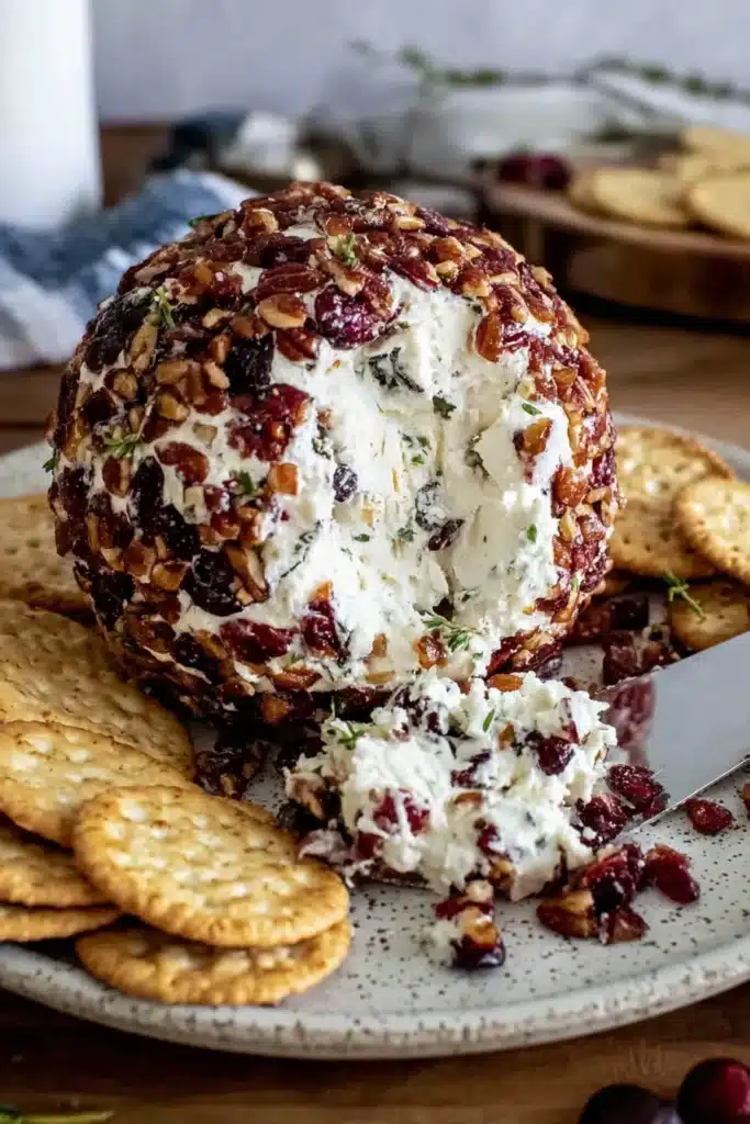 Cranberry pecan goat cheese ball with a creamy center, surrounded by crackers on a plate.
