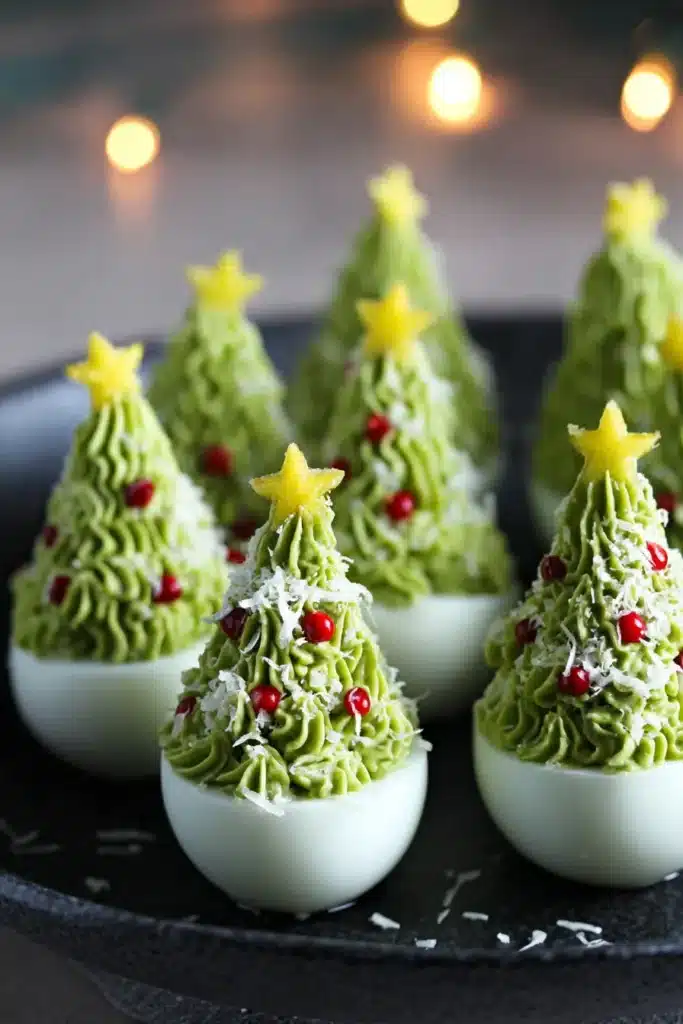 These festive deviled eggs are shaped like mini Christmas trees with a creamy green filling, pepper “ornaments,” and a star topping — perfect for holiday parties!