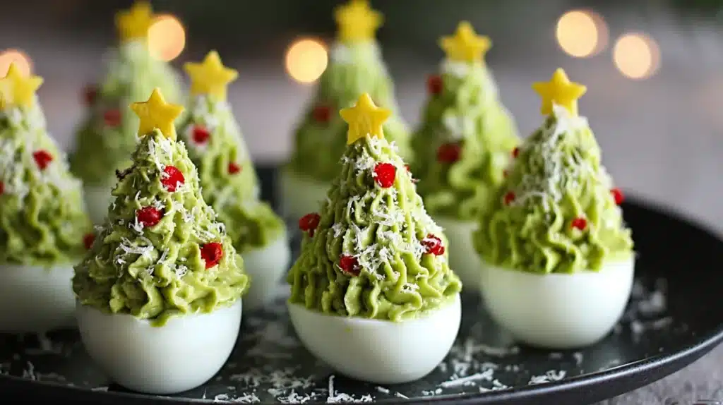 Deviled eggs topped with piped green filling shaped like Christmas trees, decorated with red peppers and cheese, each with a small star on top.