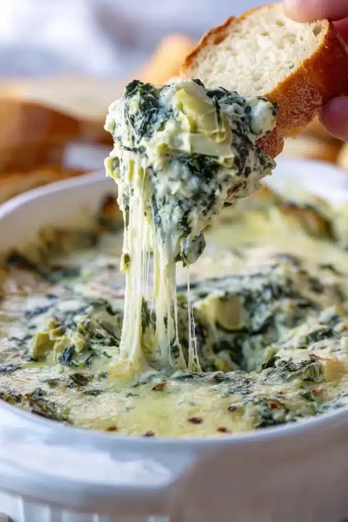Warm, ultra creamy spinach and artichoke dip with stretchy melted cheese. This easy Cheesy Spinach and Artichoke Dip is the perfect appetizer for parties and holidays.