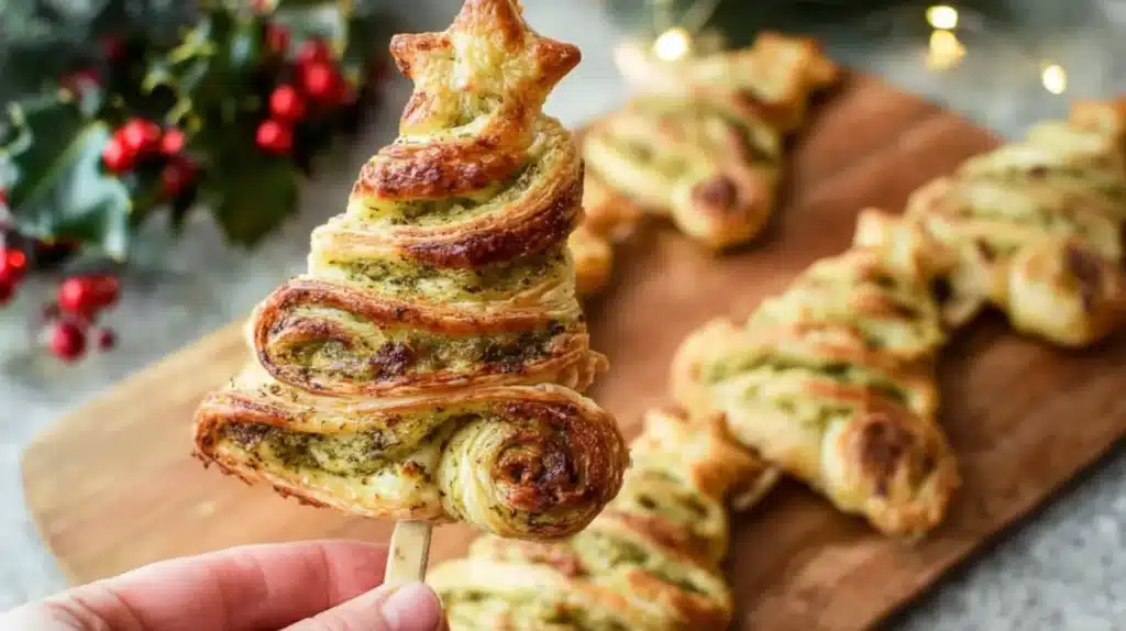Hand holding a pesto puff pastry Christmas tree with golden layers and melted cheese, surrounded by more pastry trees on a wooden board.