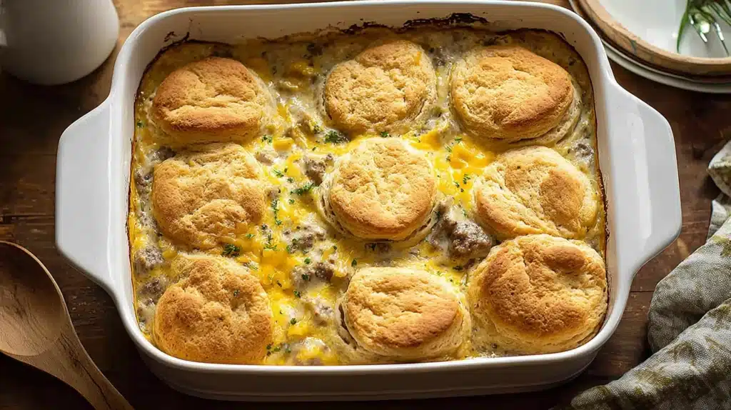 Biscuits and Gravy Breakfast Casserole: The Ultimate Southern Comfort Bake 4 This Biscuits and Gravy Breakfast Casserole combines flaky golden biscuits, creamy sausage gravy, fluffy eggs, and melted cheese for the ultimate comfort breakfast.