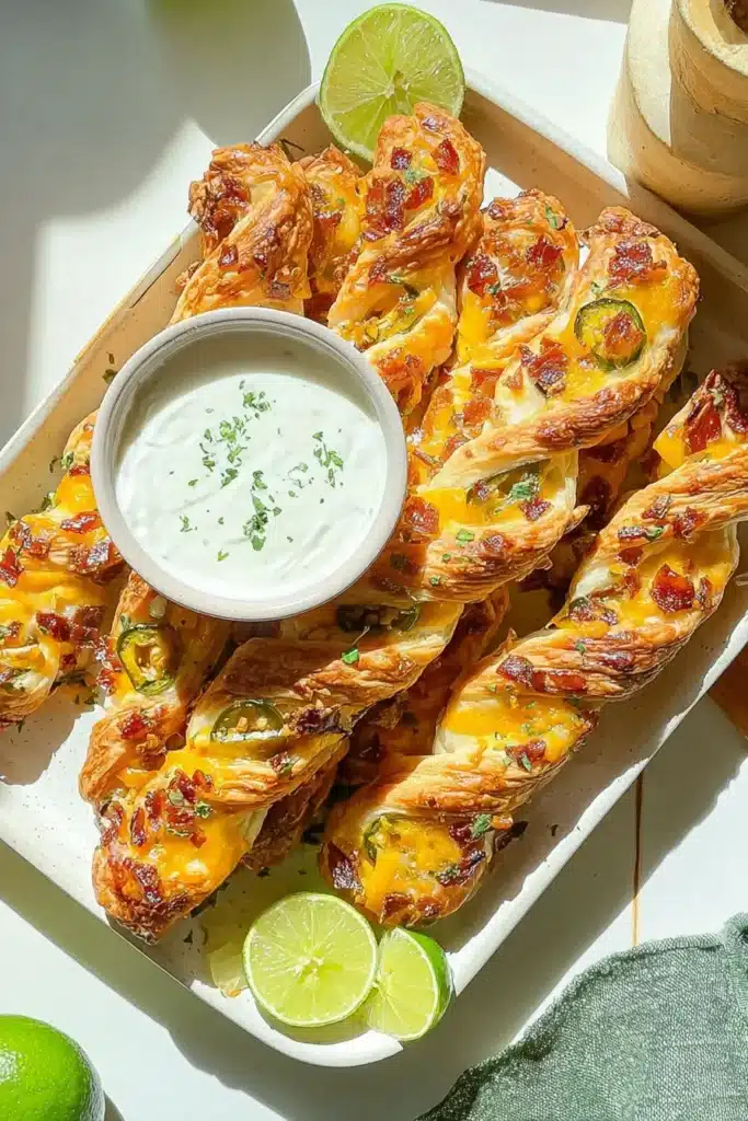 Flaky puff pastry twists filled with cheddar, cream cheese, jalapeños, and bacon. These Jalapeño Popper Puff Pastry Twists are the perfect cheesy appetizer.