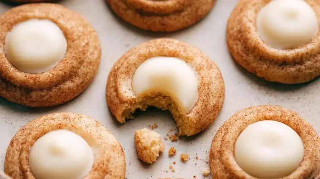 Snickerdoodle Thumbprint Cookies: Cinnamon, Sugar, and Holiday Perfection 4 Soft and buttery snickerdoodle cookies filled with creamy icing — the perfect cozy holiday treat.