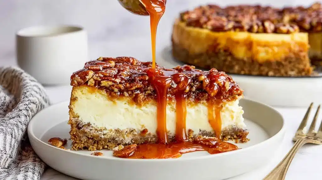 Pecan Pie Cheesecake Recipe : A warm, cozy, holiday-worthy dessert 5 This Pecan Pie Cheesecake combines a silky cheesecake base with a buttery graham crust and a gooey caramel-pecan topping. A show-stopping holiday dessert that delivers the perfect balance of creamy and crunchy in every bite.