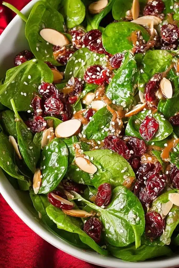 This Christmas Cranberry Spinach Salad combines crisp spinach, sweet cranberries, and toasted almonds in a light vinaigrette — a refreshing and festive addition to any holiday meal.