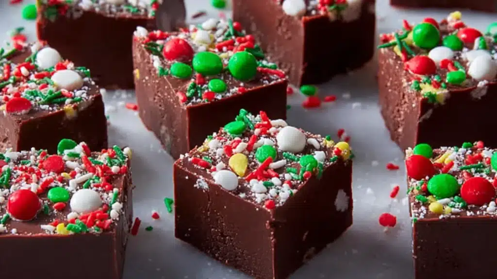 Christmas Fudge Recipe That Brings Sweet Holiday Magic to Every Bite 4 Rich chocolate Christmas fudge topped with colorful holiday sprinkles, perfect for gifting or entertaining.