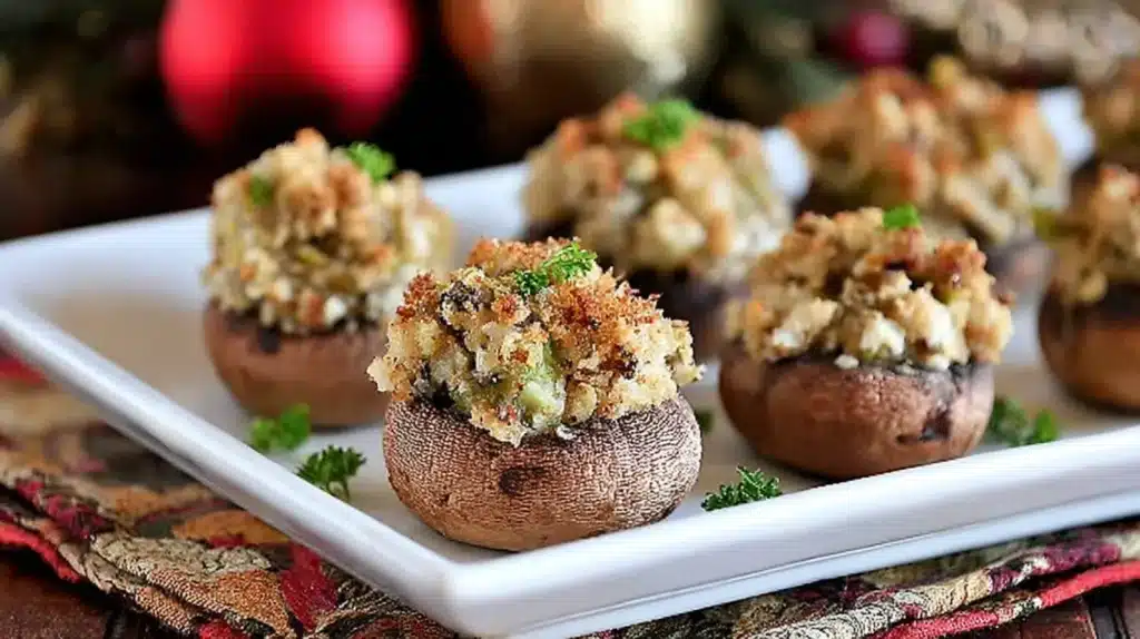 Christmas Stuffed mushrooms filled with golden toasted breadcrumb and herb stuffing arranged on a white serving platter.