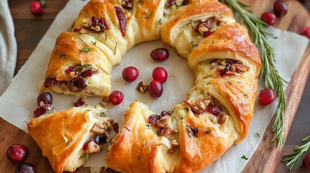 Brie Cheese and Cranberry Christmas Wreath That Steals the Holiday Table 4 Brie cheese and cranberry Christmas wreath made with golden crescent dough, melted brie, dried cranberries, walnuts, and rosemary.