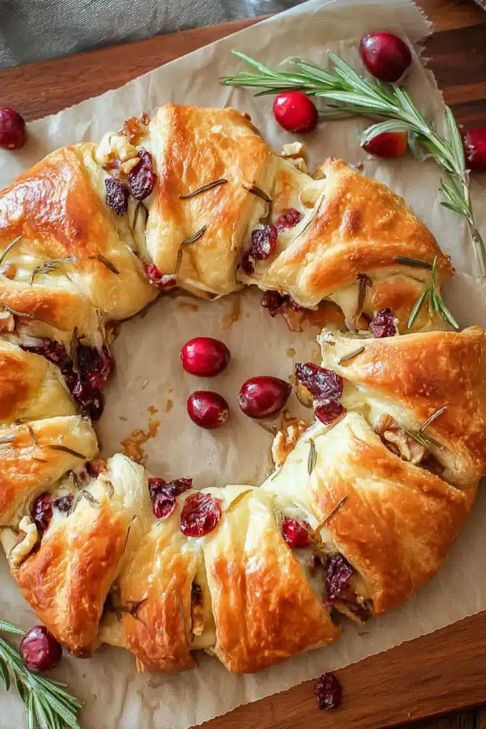 Brie Cheese and Cranberry Christmas Wreath That Steals the Holiday Table 6 A beautifully baked Christmas wreath made of crescent dough filled with creamy brie, tart cranberries, and crunchy walnuts — the perfect holiday appetizer.
