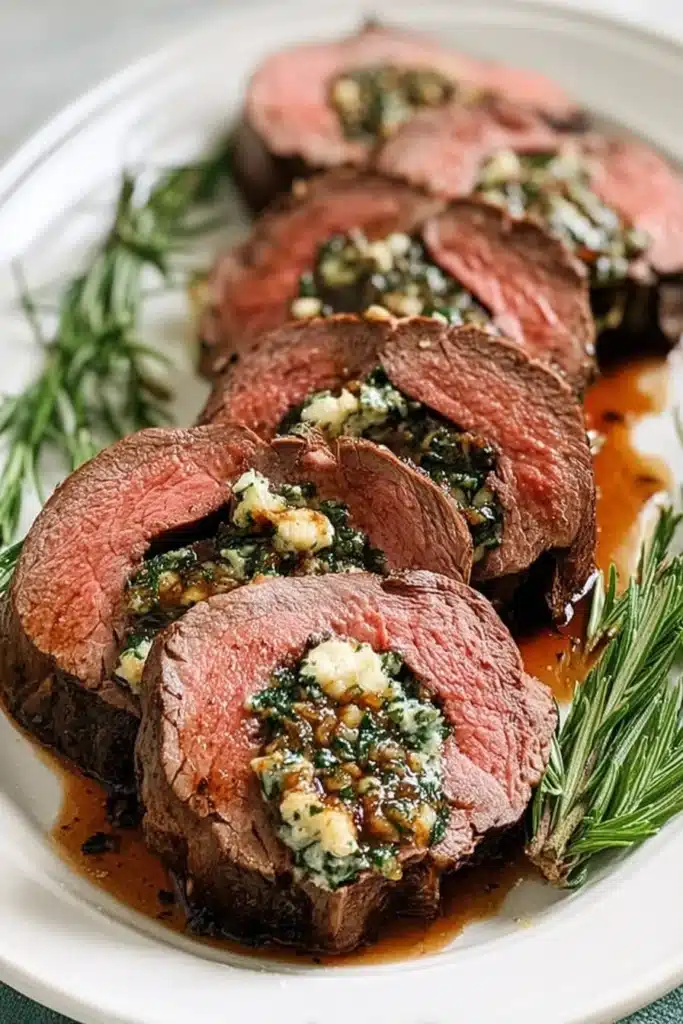 Easy Christmas Stuffed Beef Tenderloin That Elevates Your Holiday Dinner 6 A festive stuffed beef tenderloin filled with garlic herb butter and fresh spinach, sliced and served with rosemary for the perfect Christmas dinner.