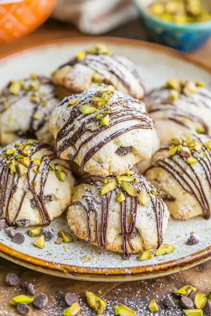 Soft, sweet, and full of Italian flair, these Cannoli Cookies are packed with mini chocolate chips and pistachios, then finished with a chocolate drizzle.