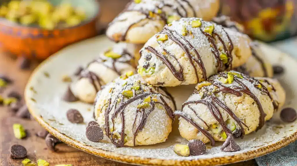 Cannoli cookies drizzled with chocolate and dusted with powdered sugar on a ceramic plate with pistachios.