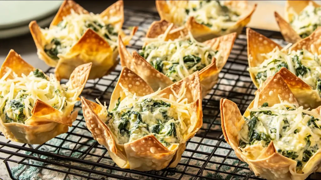 Crispy golden wonton cups filled with creamy spinach and artichoke dip on a cooling rack.