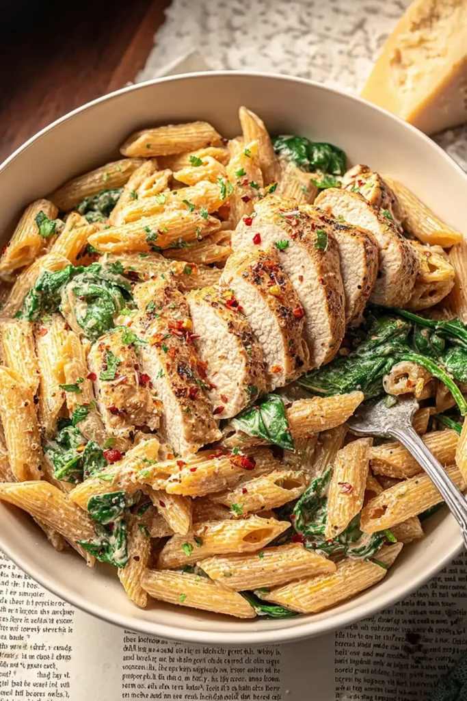 A cozy bowl of Garlic Parmesan Chicken Pasta loaded with tender sliced chicken, creamy Parmesan sauce, and fresh spinach for the perfect comforting dinner.