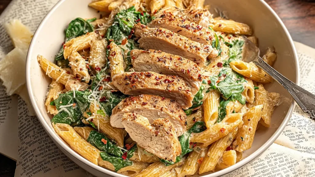 Creamy Garlic Parmesan Chicken Pasta with sliced seared chicken, penne, spinach, and Parmesan served in a white bowl.