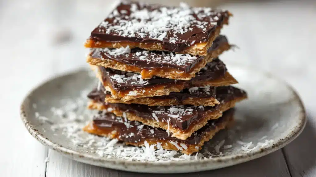 Saltine Candy Delight: Sweet, Crunchy, Addictive Holiday Bark You’ll Make Every Year 4 Saltine Candy Delight is a perfect mix of sweet, salty, and crunchy — with layers of caramel, chocolate, and coconut. A simple yet irresistible holiday treat.