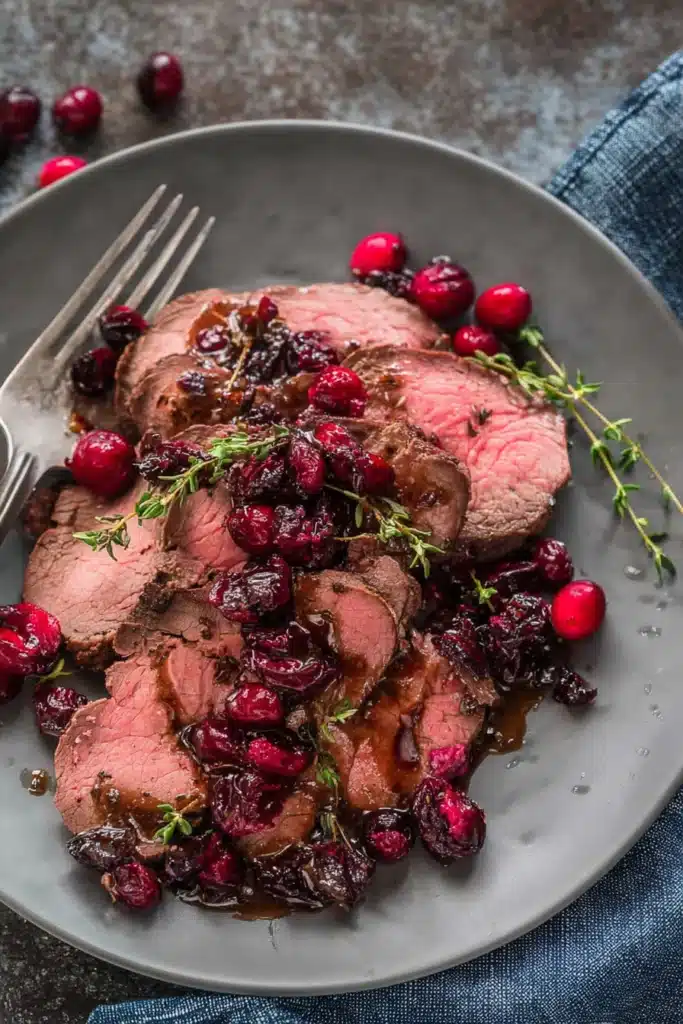 Cranberry Roast Beef Recipe That Delivers Rich Holiday Flavor Every Time 6 Tender slices of roast beef served with a sweet and tangy cranberry glaze for the perfect holiday main dish.