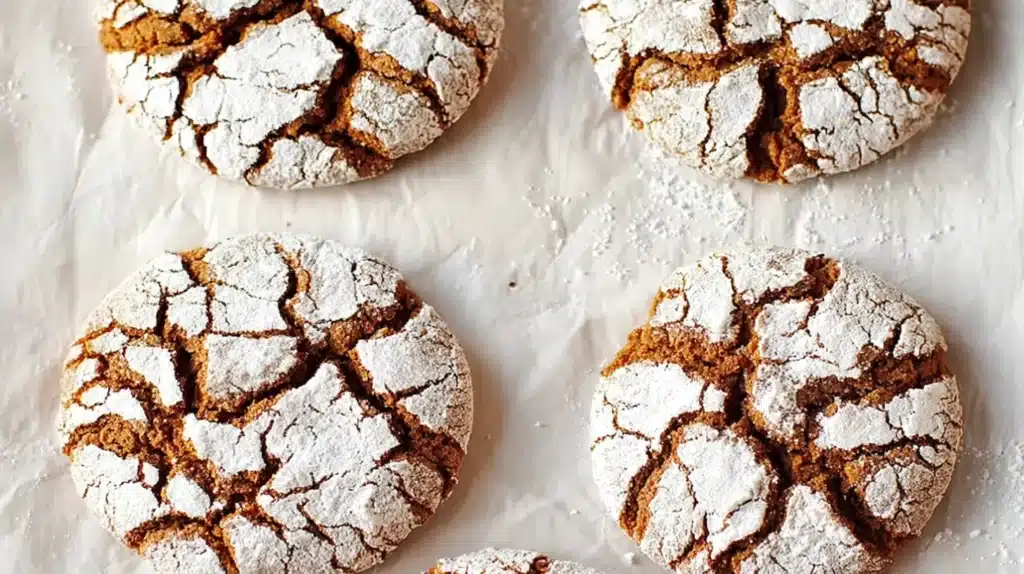 Gingerbread crinkle cookies coated in powdered sugar and arranged on parchment paper.