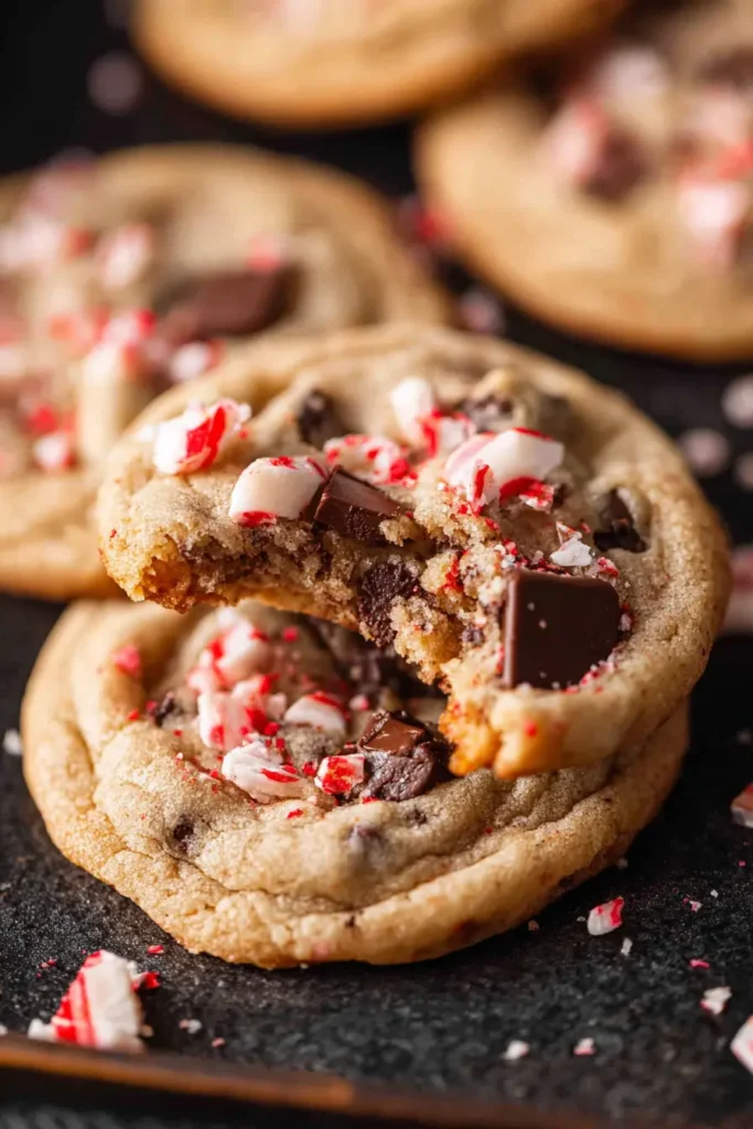 Peppermint Chocolate Chip Cookies: Soft, Sweet & Perfectly Minty 6 Chewy peppermint chocolate chip cookies topped with crushed candy canes and melted chocolate chunks.