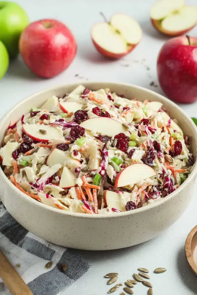 Bowl of apple cranberry coleslaw with cabbage, apples, cranberries, and sunflower seeds in creamy dressing.