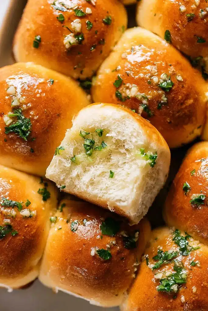 Garlic Butter Bread Rolls That Transform Any Holiday Dinner 6 Golden garlic butter bread rolls topped with fresh parsley and minced garlic.