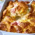 Golden croissant breakfast casserole with melted cheese and ham being served from a white baking dish.