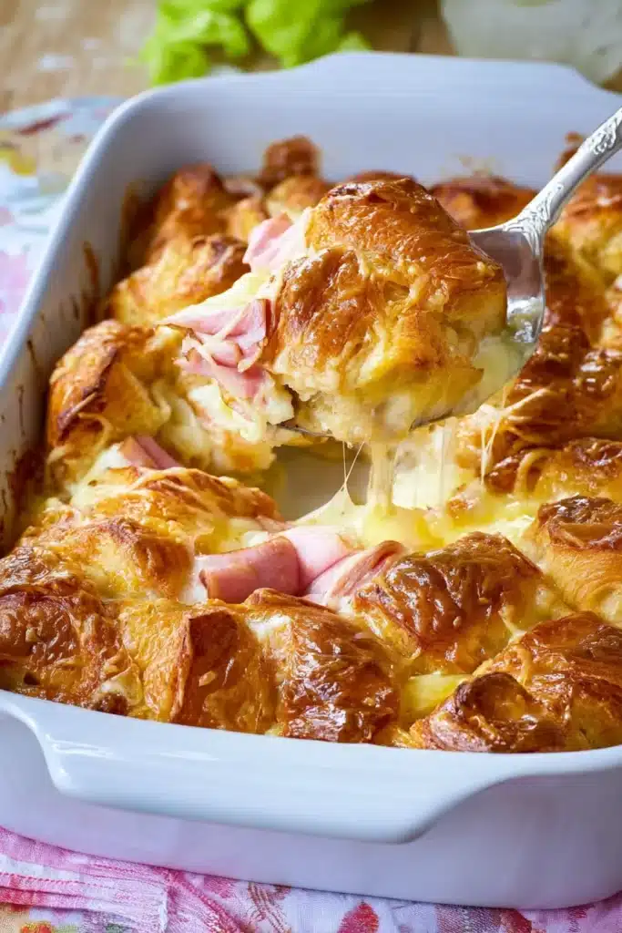 Croissant Breakfast Casserole: Flaky, Cheesy, and Perfect for Brunch 6 Golden croissant breakfast casserole with melted cheese and ham being served from a white baking dish.