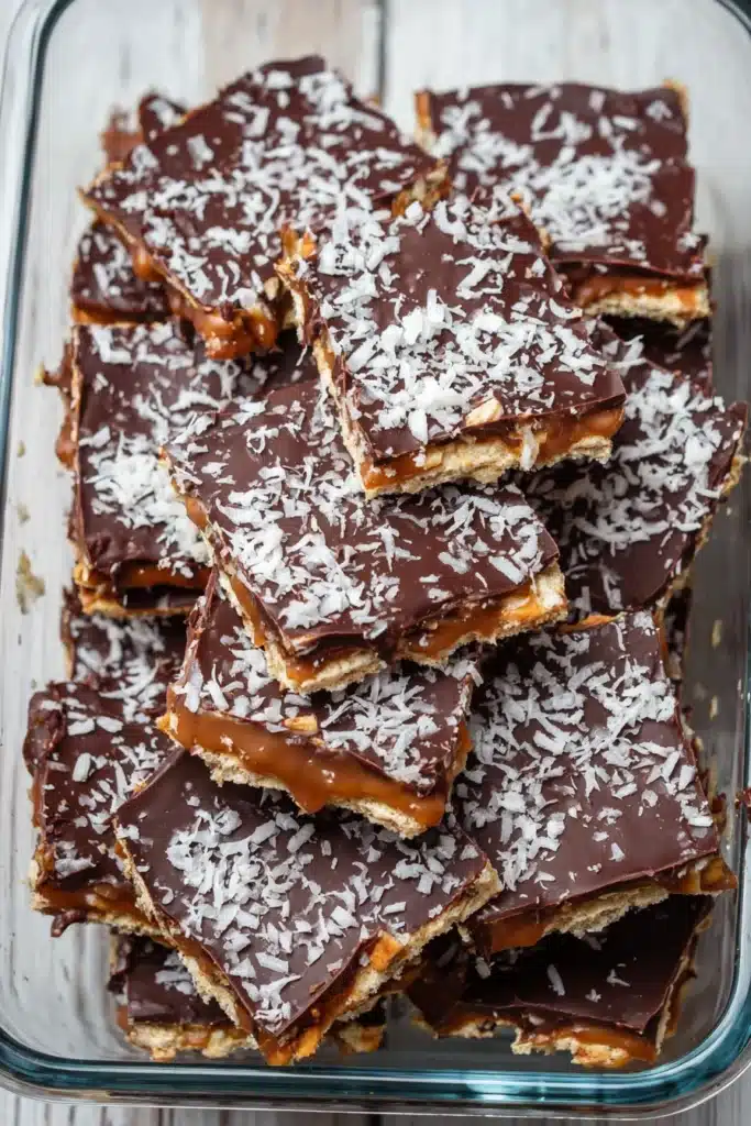 Saltine Candy Delight: Sweet, Crunchy, Addictive Holiday Bark You’ll Make Every Year 6 Homemade saltine candy pieces coated with caramel and chocolate, topped with shredded coconut in a glass container.