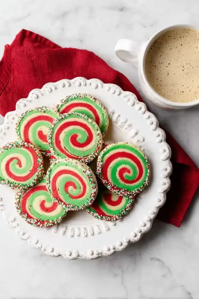 Swirled Christmas Cookies: Festive, Colorful & Fun to Bake 6 Colorful red and green swirled Christmas cookies that are soft, buttery, and fun to make — perfect for holiday cookie plates, gifting, and Christmas celebrations.