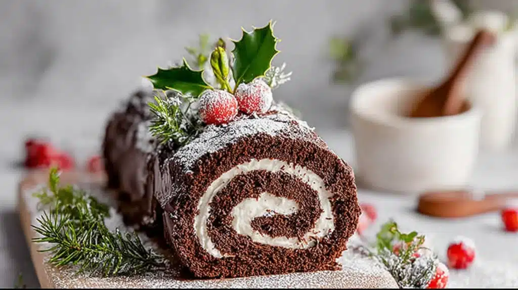 Classic Yule Log Recipe That Brings Tradition and Festive Magic to Your Holiday Table 4 A beautifully rolled chocolate Yule Log filled with creamy frosting and topped with powdered sugar, cranberries, and festive greenery.