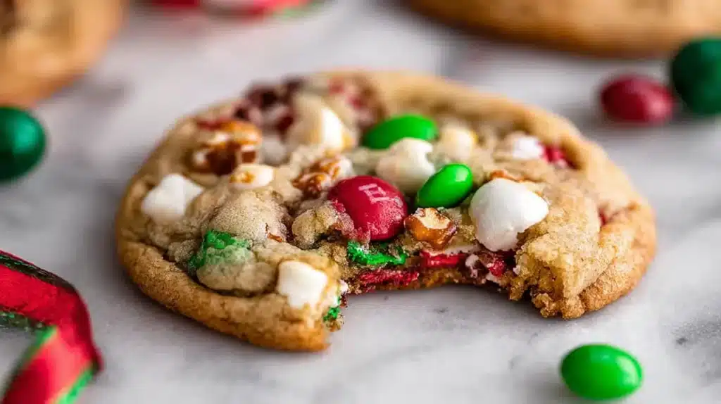 Close-up of a Christmas kitchen sink cookie with a bite taken out, showing M&Ms, pretzels, sprinkles, and white chocolate chips.