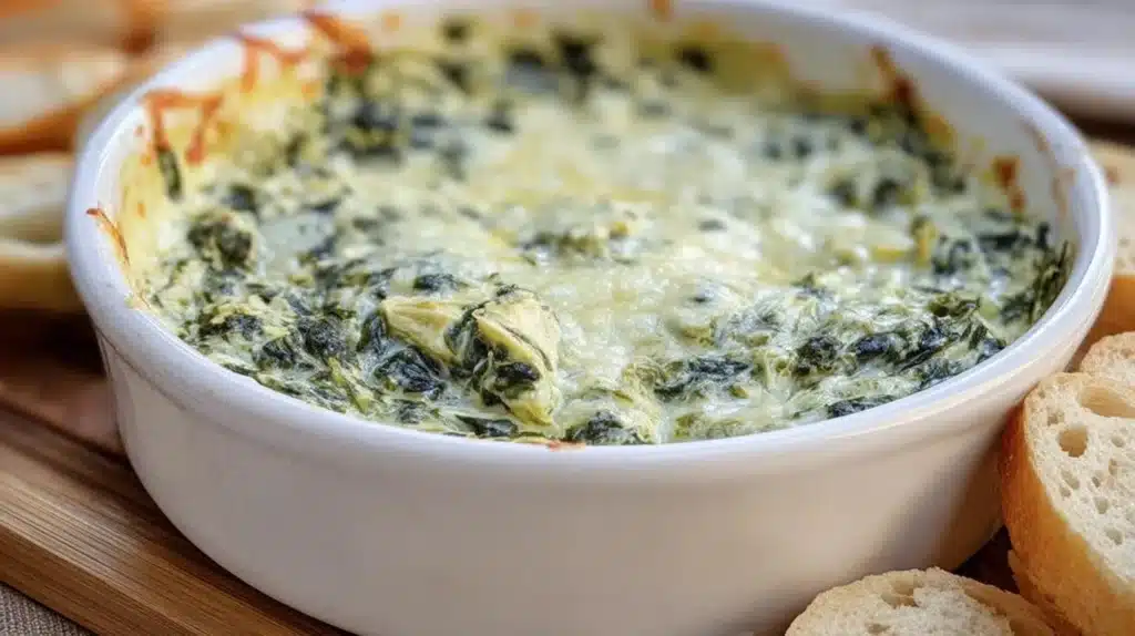 Creamy cheesy spinach and artichoke dip baked in a white dish with golden edges.