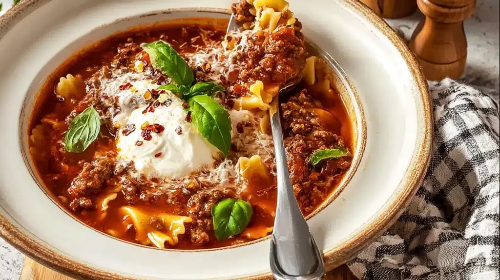 High Protein Lasagna Soup A Comforting High Protein Meal Everyone Loves 5 Overhead view of a pot of high protein lasagna soup with lasagna noodles, ground meat, tomato broth, and a ladle.