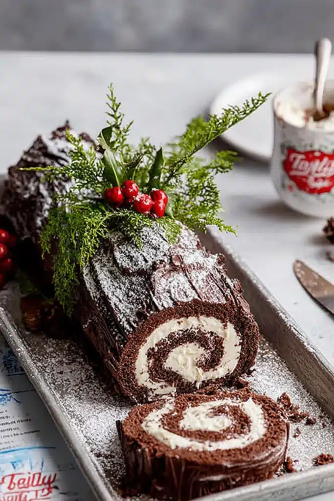 Classic Yule Log Recipe That Brings Tradition and Festive Magic to Your Holiday Table 6 Classic chocolate Yule Log cake rolled with cream filling, dusted with powdered sugar and decorated with cranberries and greenery.