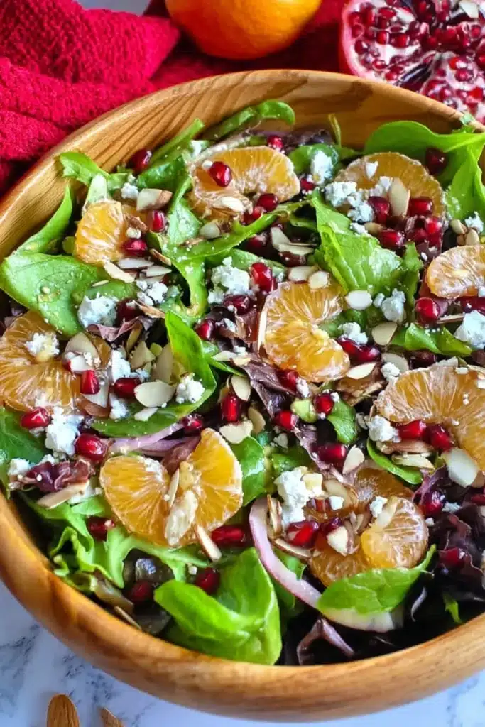A refreshing Christmas Salad bursting with vibrant flavors — juicy mandarins, pomegranate seeds, and feta cheese tossed with honey mustard dressing. A colorful side perfect for any festive table.