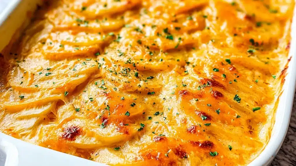 A warm and comforting dish of creamy scalloped potatoes baked to golden perfection with layers of tender potatoes and melted cheese.