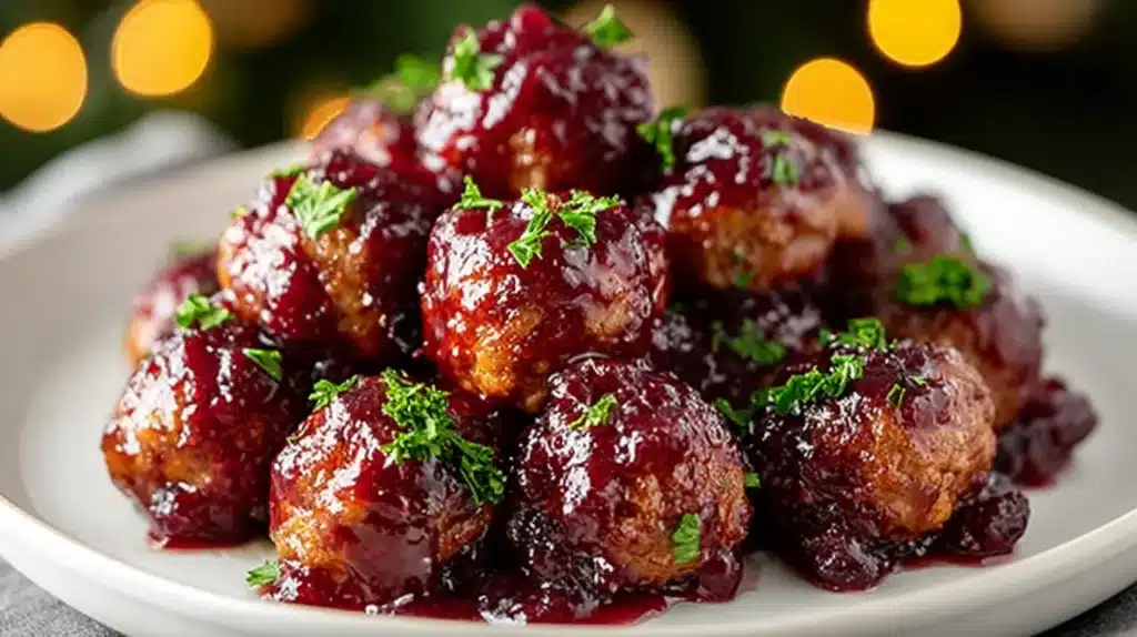 A plate of cranberry-glazed meatballs garnished with fresh parsley, with warm holiday lights blurred in the background.