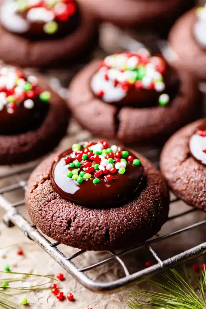 Soft and fudgy chocolate thumbprint cookies filled with rich ganache and decorated with festive sprinkles — a holiday cookie tray favorite!