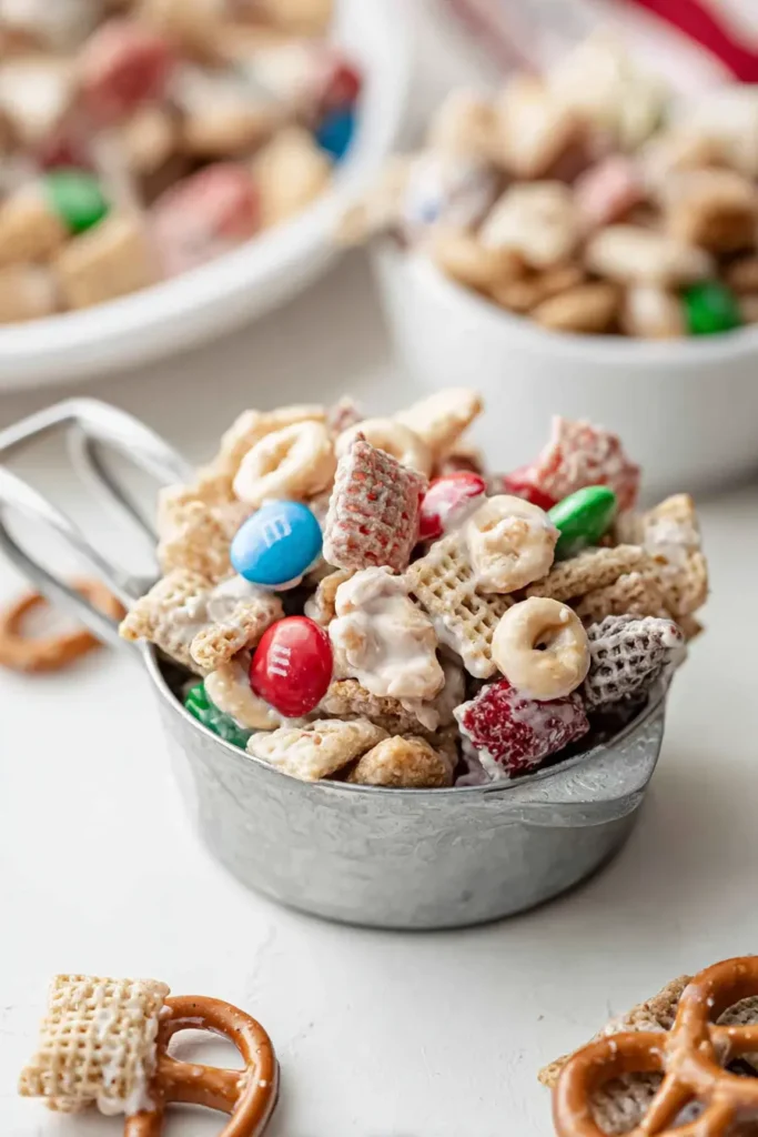 Christmas Chex Mix Recipe: Sweet, Salty, and Perfect for Holiday Snacking 6 Close-up of Christmas Chex Mix with cereal, pretzels, and red and green M&Ms coated in white chocolate.