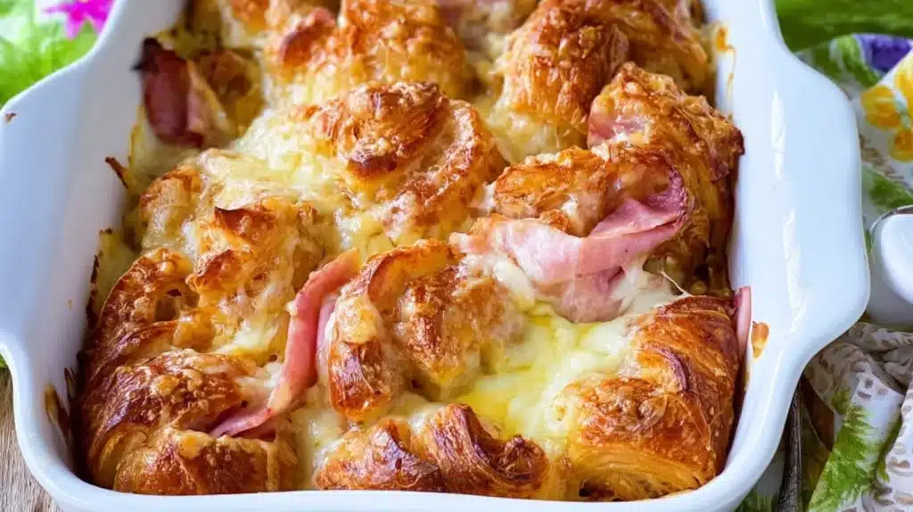 Croissant Breakfast Casserole: Flaky, Cheesy, and Perfect for Brunch 4 This Croissant Breakfast Casserole is made with buttery croissants, savory ham, and gooey melted cheese — baked to golden perfection for the ultimate weekend or holiday brunch.