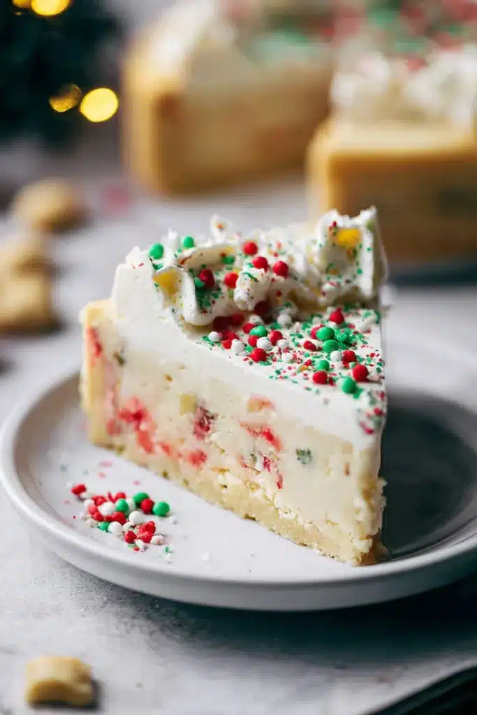 Sugar Cookie Cheesecake That Brings Holiday Magic to Every Slice 6 A rich and creamy sugar cookie cheesecake topped with vanilla frosting and festive Christmas sprinkles.